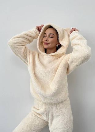 192 christel молочный махровый домашний костюм худи с ушками и штаны теплая пижама
