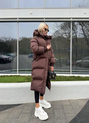 Теплый зимний дутый пуховик с капюшоном на аэро пуха, женский длинный пуховик на зиму, пуффер зимний, дутая куртка зима, м4333 фото