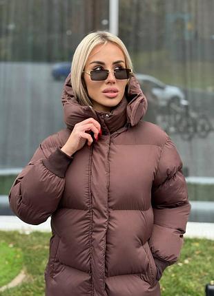 Теплый зимний дутый пуховик с капюшоном на аэро пуха, женский длинный пуховик на зиму, пуффер зимний, дутая куртка зима, м4335 фото