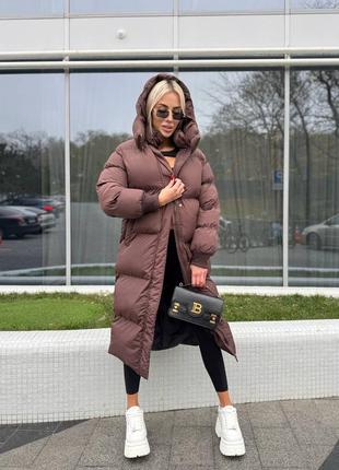 Теплый зимний дутый пуховик с капюшоном на аэро пуха, женский длинный пуховик на зиму, пуффер зимний, дутая куртка зима, м4338 фото