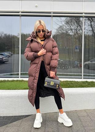 Теплый зимний дутый пуховик с капюшоном на аэро пуха, женский длинный пуховик на зиму, пуффер зимний, дутая куртка зима, м4337 фото