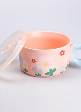 Чашка бульйонниця керамічна 750 мл з пластиковою кришкою "квітка" рожева супниця миска для локшини3 фото