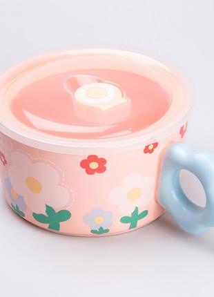 Чашка бульйонниця керамічна 750 мл з пластиковою кришкою "квітка" рожева супниця миска для локшини4 фото