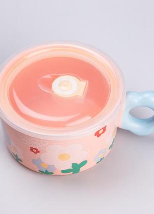 Чашка бульйонниця керамічна 750 мл з пластиковою кришкою "квітка" рожева супниця миска для локшини2 фото