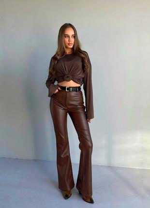 Кожаные брюки шоколад, матовая экокожа