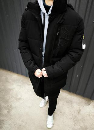 Зимняя мужская удлиненная куртка stone island черная