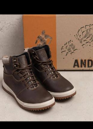 Мужские зимние кроссовки ботинки на меху натуральная кожа коричневого цвета lv