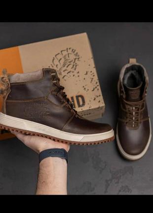 Мужские зимние кроссовки ботинки на меху натуральная кожа коричневого цвета lv