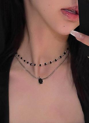 Кольє чокер чорні намистини підвіска кристал, подвійна прикраса на шию