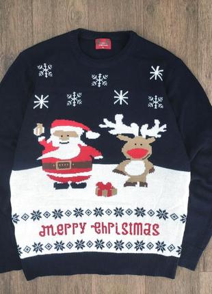 Новогодний свитер зимний мужской теплый синий с оленями merry christmas ugly вязаный реглан