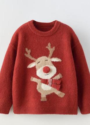 Zara свитер новогодний рождественский мирор 92см красный