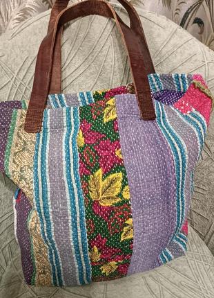 Котоновий шопер, ручки натуральна шкіра