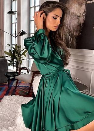 Жіноча шовкова коротка сукня на запах з поясом з спідницею сонцем та широкими рукавами