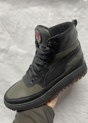 Підліткові зимові  шкіряні хайтопи кеди черевики puma khaki blak  зимние хайтопы на мальчика из натуральной кожи хаки с чёрным