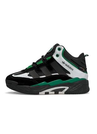 Зимние кроссовки adidas originals niteball high black white green fur утепленные на меху