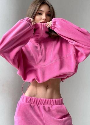 💓флисовый теплый новый женский яркий однотонный розовый малиновый спортивный оверсайз костюм двойка, кофта + штаны джоггеры