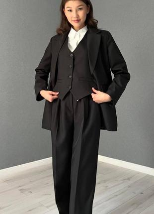🖤3-ка класичний діловий базовий офісний новий жіночий нарядний однотонний чорний брючний костюм комплект трійка, брюки + піджак оверсайз + жилет