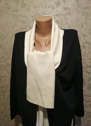 Черный кардиган с белым воротом-шарфом: шерсть+акрил