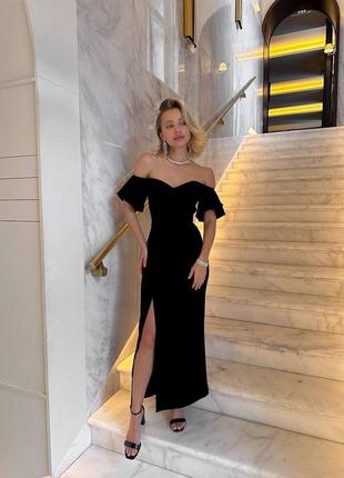 Оксамитова краса❤️ нарядное платье миди с разрезом и объемными короткими рукавами праздничное платье