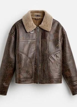 Укороченная коричневая куртка дубленка мужская zara new