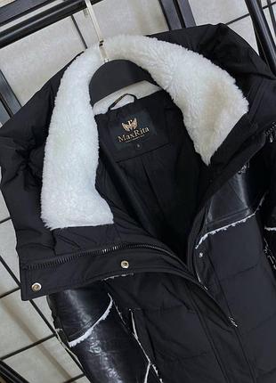 Куртка пуховик зимняя длинная черная голубая мята молоко4 фото