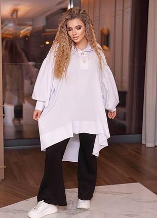 Удлиненная рубашка с воротником с пуговицами с длинными объемными рукавами на манжетах с принтом на спине с асемитическим низом