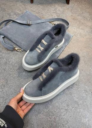 Ботинки высокие лоферы из натуральной итальянской кожи и замши с норкой женские серые бежевые норки