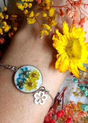 💙💛желто-голубой браслет с цветами, ручная работа из эпоксидной смолы и сухоцветов, идея подарков на новогодние праздники для близких