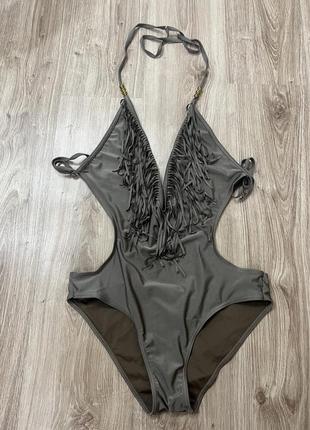 Купальник с бахромой цельный оливка бронза river island