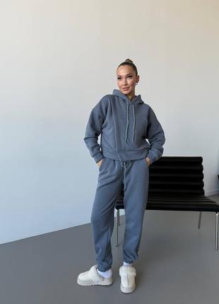 Костюм спортивний жіночий теплий на флісі оверсайз худі з капішоном штани джогери на високій посадці якісний сірий