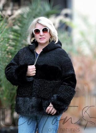 Шубка (полушубок) двухсторонняя из скомбинированного премиального эко-меха ночного кайра (оксамитово-черная)
