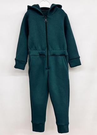 Ромпер - комбинезон детский теплый трикотажный хлопковый,  с капюшоном, на молнии, изумрудный