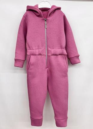 Ромпер — комбінезон дитячий теплий трикотажний бавовняний, з капюшоном, на блискавці, рожевий
