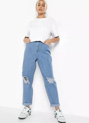 Джинсы boohoo high waist distressed mom jeans, размер 12uk (40 евро)