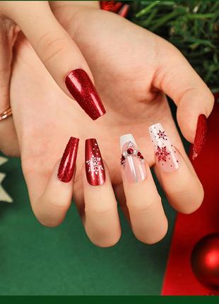 Новогодние накладные ногти 24 шт. для маникюра + клей для типс (рождественский маникюр)