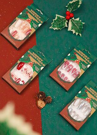 Новогодние накладные ногти 24 шт. для маникюра + клей для типс (рождественский маникюр)