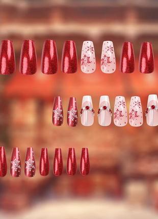 Новогодние накладные ногти 24 шт. для маникюра + клей для типс (рождественский маникюр)