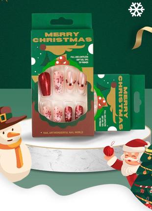 Новогодние накладные ногти 24 шт. для маникюра + клей для типс (рождественский маникюр)