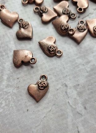 Металлическая подвеска сердце с розой 014 медь, 2 штуки