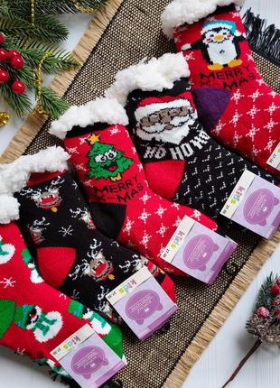 Дитячі новорічні шкарпетки на овчині/ домашні носки валянки