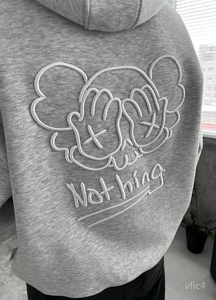 Серое мужское теплое худи оверсайз с принтом