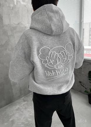 Серое мужское теплое худи оверсайз с принтом