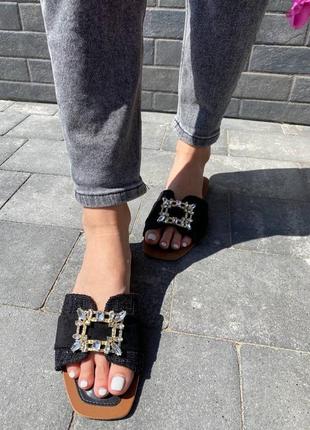 Текстильные шлепанцы шлепанцы шлепки черные шлепанцы на плоской подошве тапочки текстильные шлепки черные шлепанцы с украшением