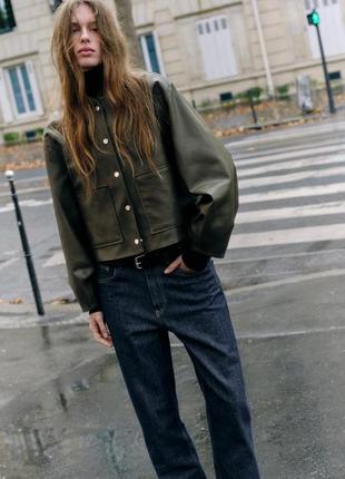 Куртка-бомбер женская темно-хаки искусственная кожа zara new