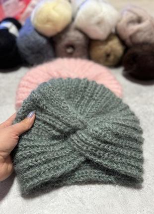 Теплая зимняя шапочка чалма хаки зеленый тюрбан зимняя женская шапка вязаная