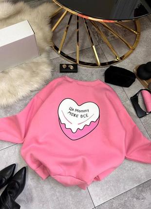 Свитшот женский теплый на флисе оверсайз с принтом барби качественный стильный трендовый