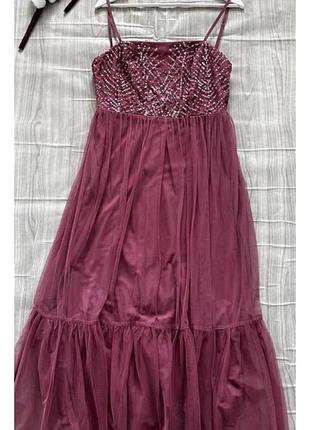 Вечірня довга святкова сукня плаття в паєтки волан відкриті плечі