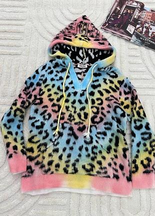 Леопардовый теплый худи с капюшоном