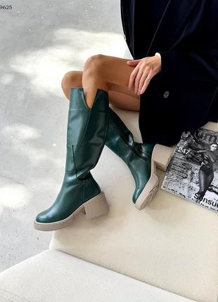Код 9625 деми🍂.зима❄️. сапоги на удобных каблуках натуральная кожа зеленые изумрудные