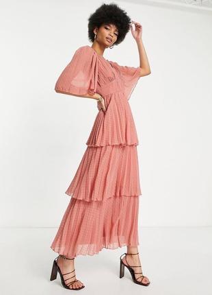 Розовое платье макси плиссированное и вышивкой добби asos design